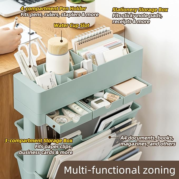 5 Tier Rolling Book Cart Multi-Functional Movable Storage Bookshelves with Lockable Wheels for Study Office Library Classroom, (Blue, with Wheel)