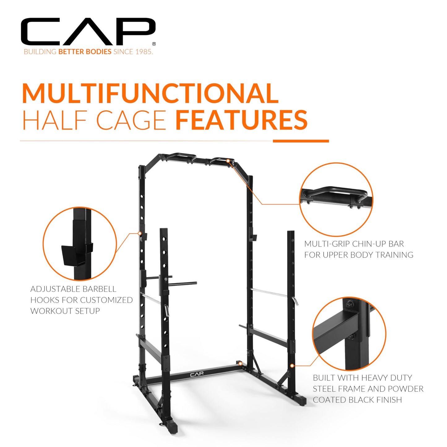 CAP Barbell Multi-Use Power Rack – Heavy-Duty Power Cage with Pull-Up Bar, Dip Handles, and J-Cup Catches – Strength Training Gym Rack for Home or Garage Gym | Black
