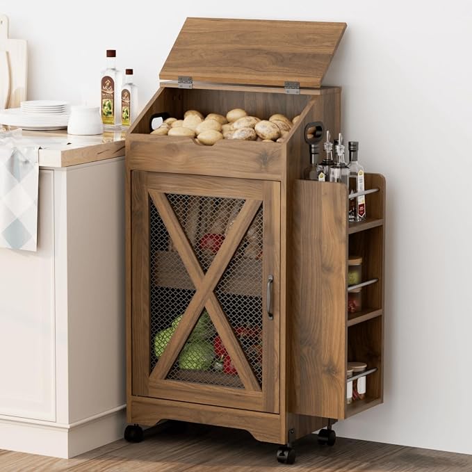 Potato and Onion Storage Bin, Movable Fruit and Vegetable Bin with Spice Rack, Wooden Large Bread Box, Farmhouse Potato Storage Cabinet for Kitchen, Pantry