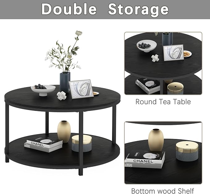 NSdirect Round Coffee Table, 27.6" Small Coffee Table for Living Room,2-Tier Rustic Wood Desktop with Storage Shelf Modern Design Home Furniture(Black)