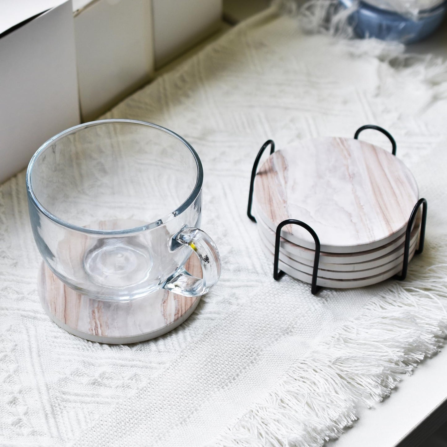 6Pcs Drink Coasters with Holder, Marble Style Ceramic Drink Coaster, Absorbent Coasters Set Suitable for Kinds of Cups, Modern Style Coaster for Coffee Table, 4 Inches