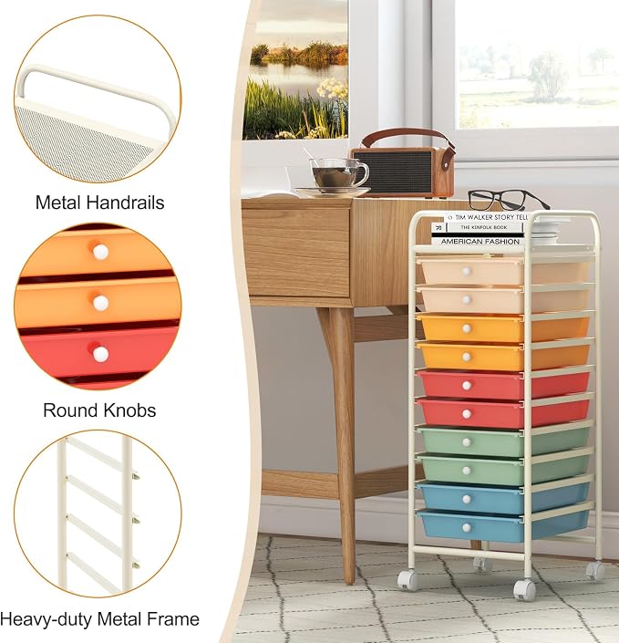 MEDIMALL 10 Drawers Rolling Storage Cart, Multipurpose Craft Storage Cart with Wheels, Mobile Tools Scrapbook Paper Organizer Cart for Office School Home Use