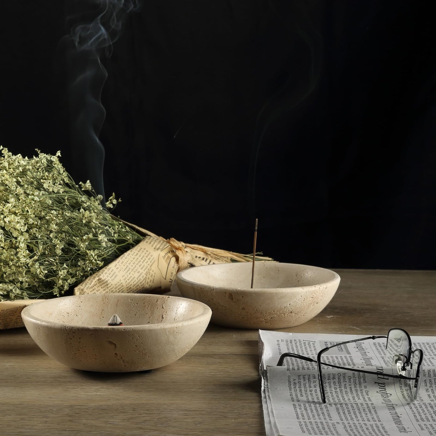 Koville Italian Travertine Incense Holder, 6" Incense Holders for Sticks, Sturdy Incense Burner Ash Catcher, Ideal for Meditation, Relaxing, Easy to Clean
