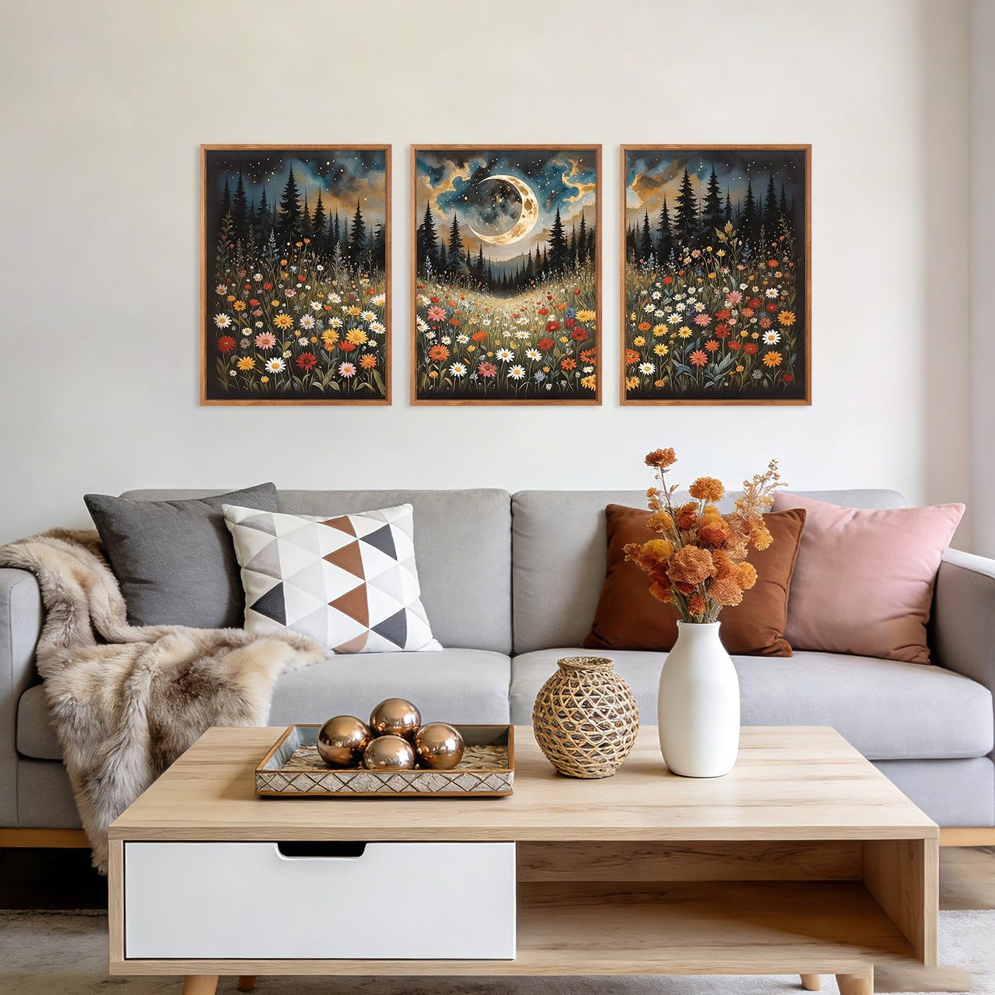 HPINUB Wildflower Moon Forest Framed Canvas Wall Art Set,Nature Pine Tree Wall Decor,Mystical Starry Night Artwork Rustic Mountain Landscape Art Print For Living Room,Bedroom(Set of 3,12X16 Inch)