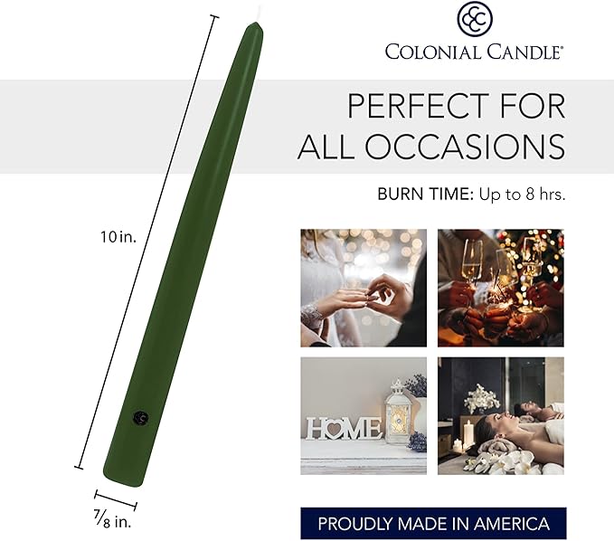 Colonial Candle Unscented Taper Candle, Handipt Collection, Evergreen, 10 in, Pack of 12 - Up to 8 Hours Burn