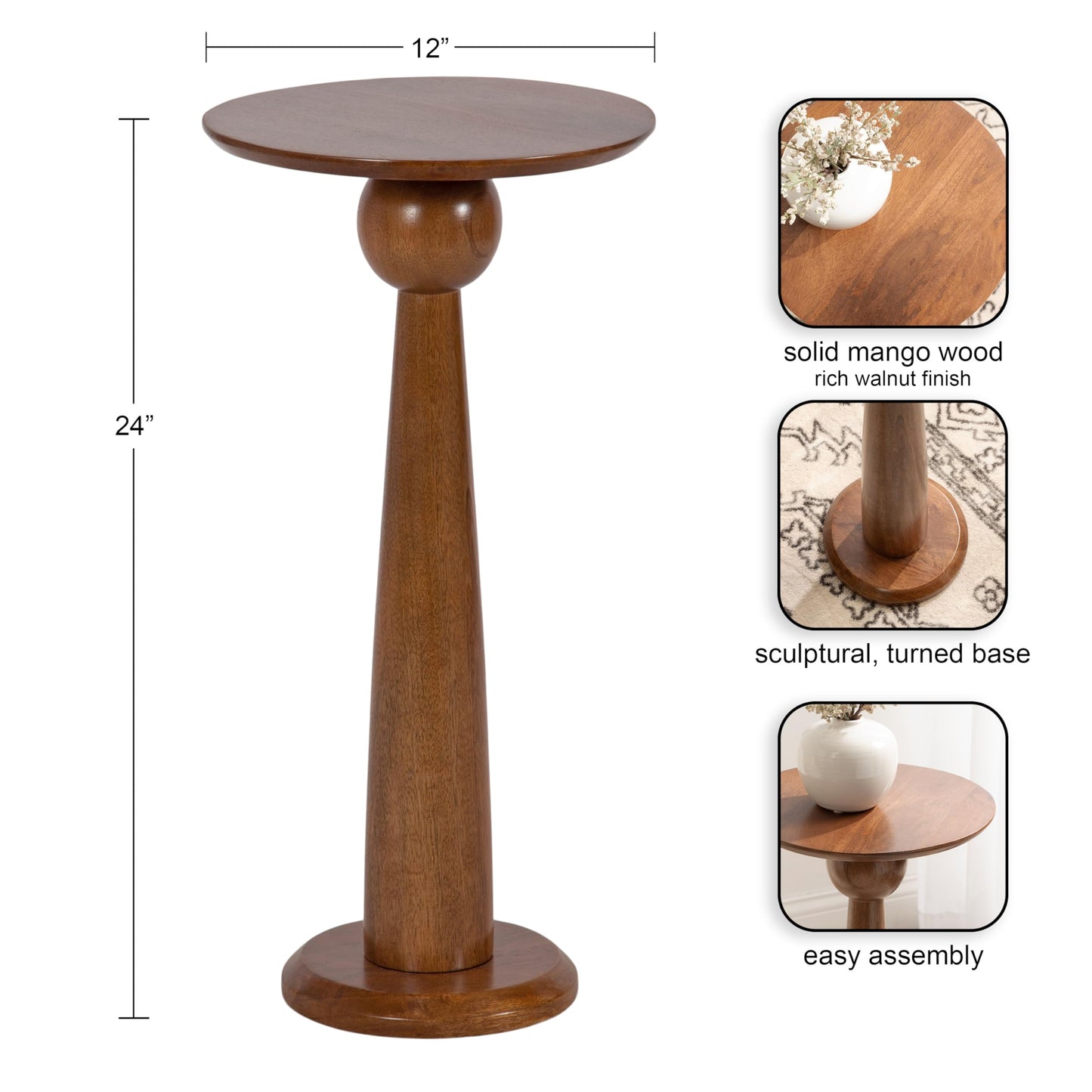 Kate and Laurel Jakob Modern Wooden Round Side Table; 12 x 24; Walnut Brown; Circle Pedestal Table for Use as Bedroom Nightstand; Indoor Plant Stand; or Decorative Living Room Table