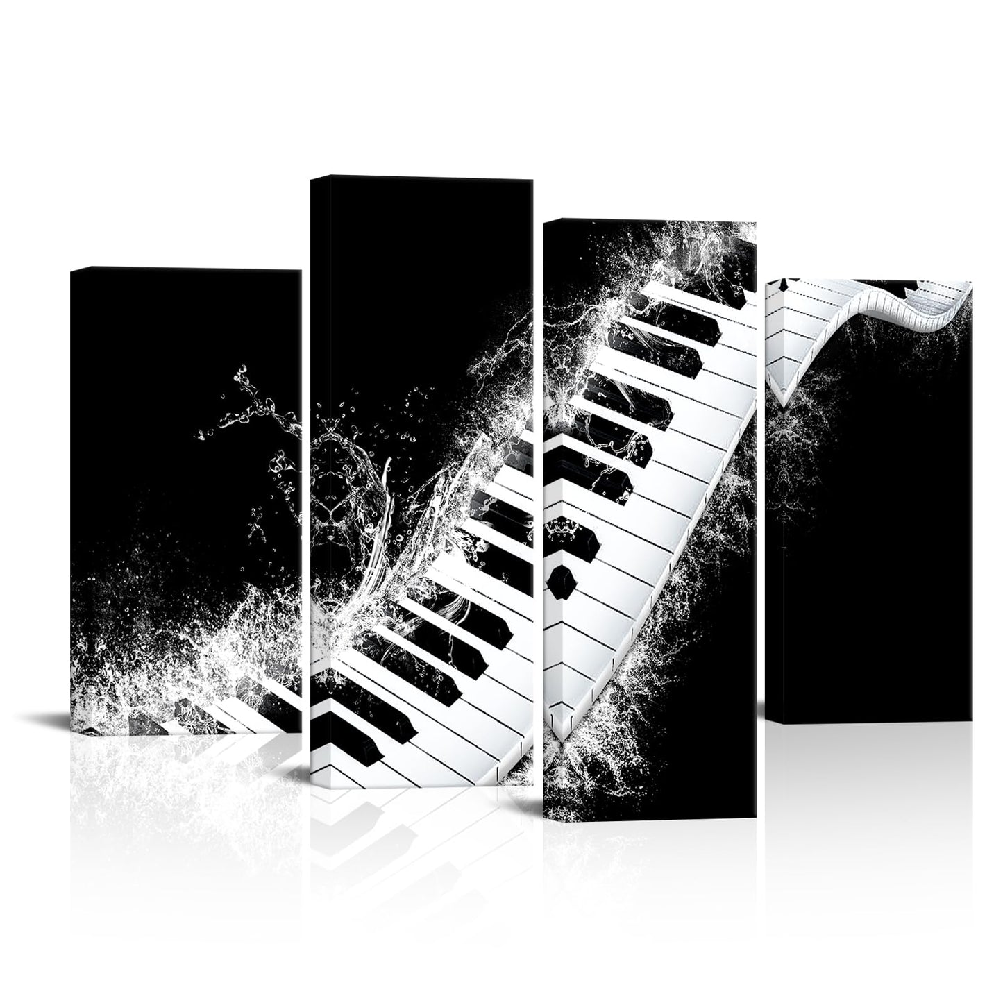 Canvbay 4 Panels Music Canvas Wall Art Black and White Piano Keyboard with Water Splash Pictures Prints Musical Instrument Artwork Framed for Studio Office Living Room Decor