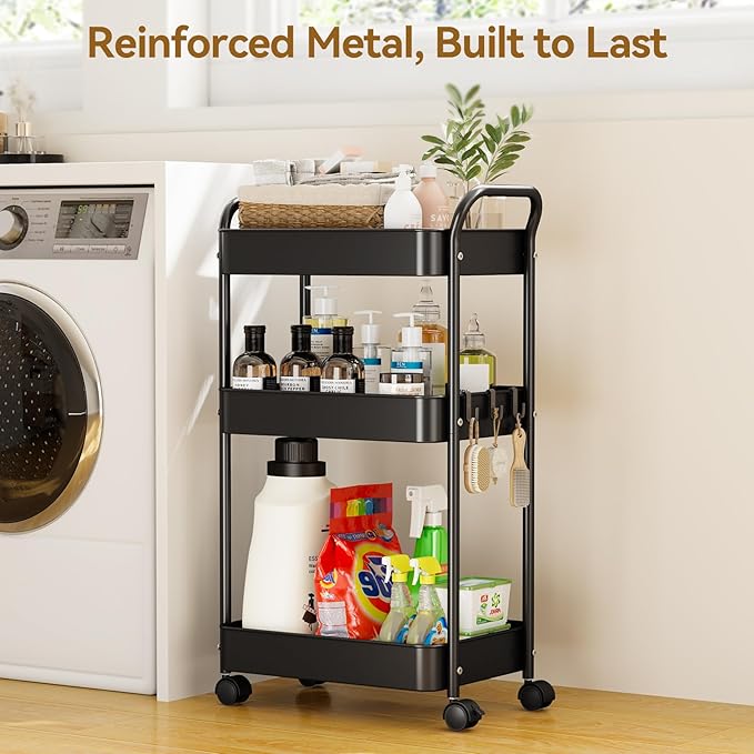 YASONIC 3-Tier Metal Rolling Cart, Sturdy Storage Utility Carts with Wheels, Multifunction Craft Art Organizer for Bedroom, Laundry, Garage, Office, Nursery, Bathroom, Easy Assembly (Black)