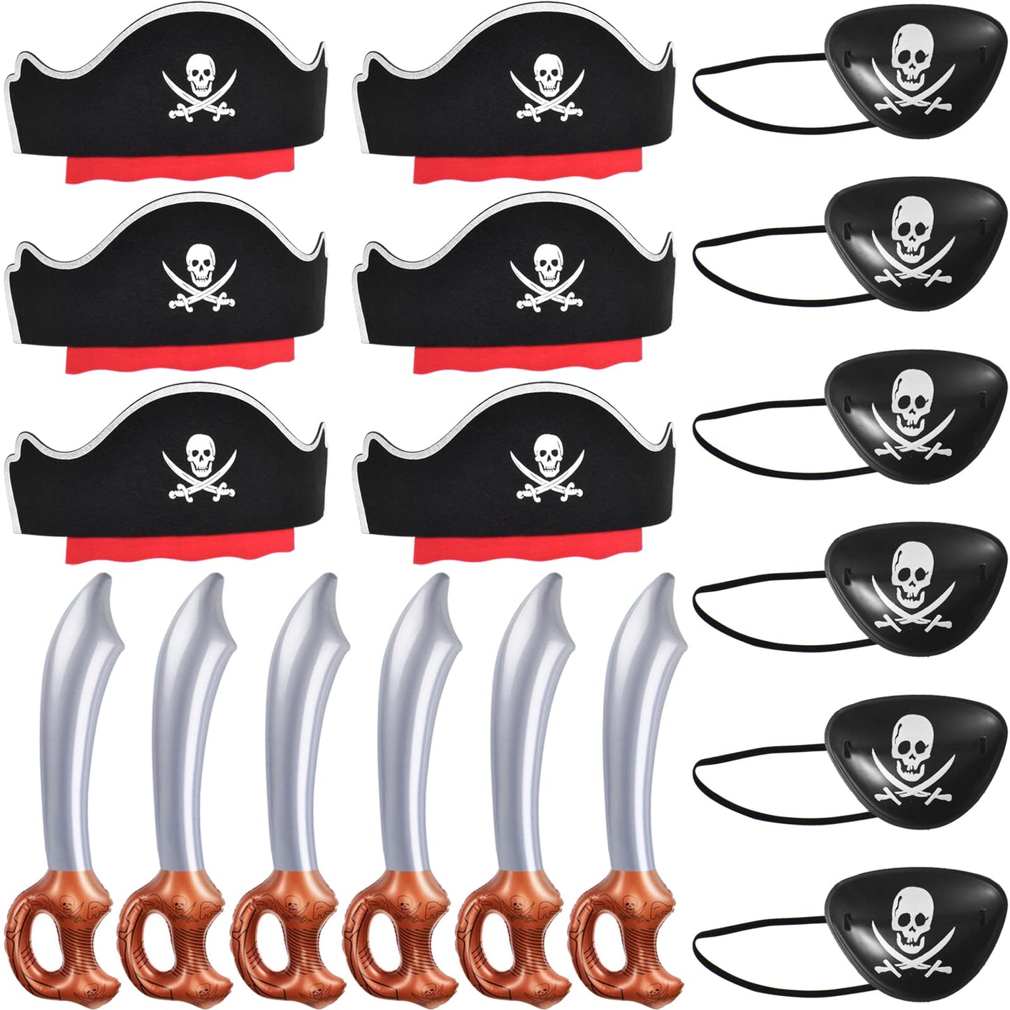 ZeeDix 18 Pcs Pirate Accessories for Kids, Include 6 Pirates Hats, 6 Eye Patches and 6 Swords, Pirate Party Decorations for Christmas, Halloween, Masquerade, Cosplay, Birthday
