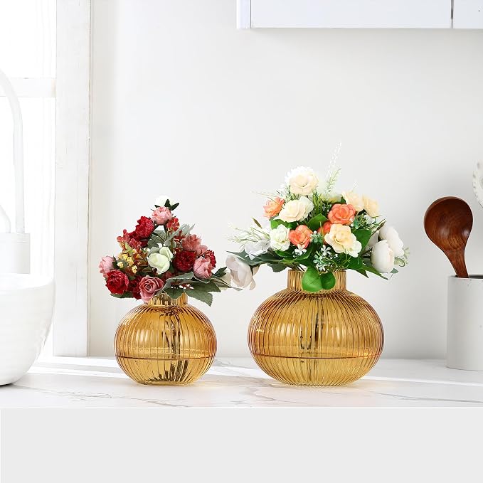 Amber Glass Vases for Tulips, Set of 2, Flower Vases for Bouquet, Ribbed Glass Vase for Flowers, Short Vase for Living Room, Office, Coffee Table, Shelf, Wedding