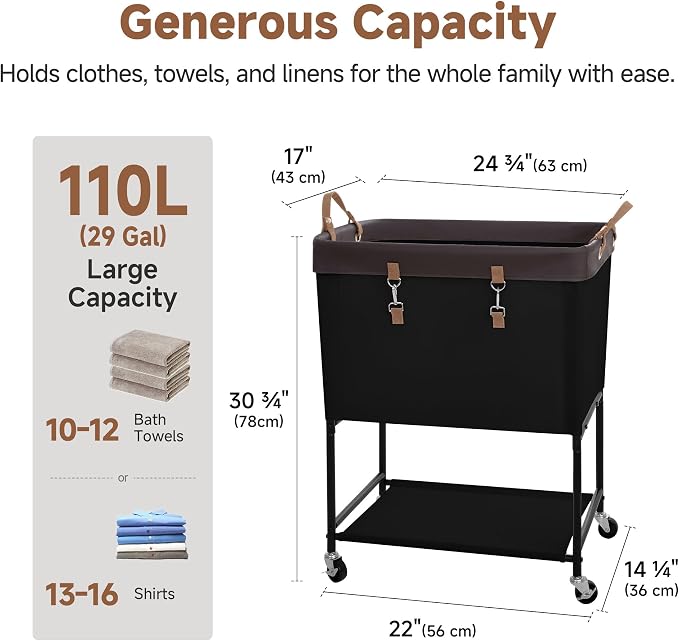 StorageWorks Laundry Cart, 2 Tier Rolling Laundry Basket, Heavy Duty Laundry Basket with Lockable Wheels, Laundry Room Organization and Storage, Clothes Hamper for Bedroom, Dorm, Closet, 29Gal, Black