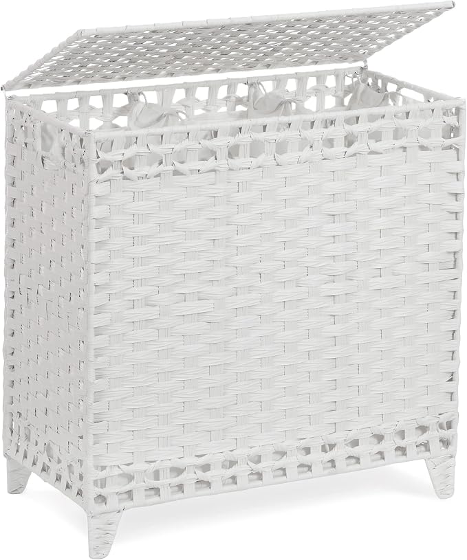 Laundry Hamper with 3 Removable Liner Bags; 132L Handwoven Rattan Laundry Basket with Lid & Heightened Feet; Clothes Hamper with Side Handles; Laundry Sorter with 3 Separate Sections