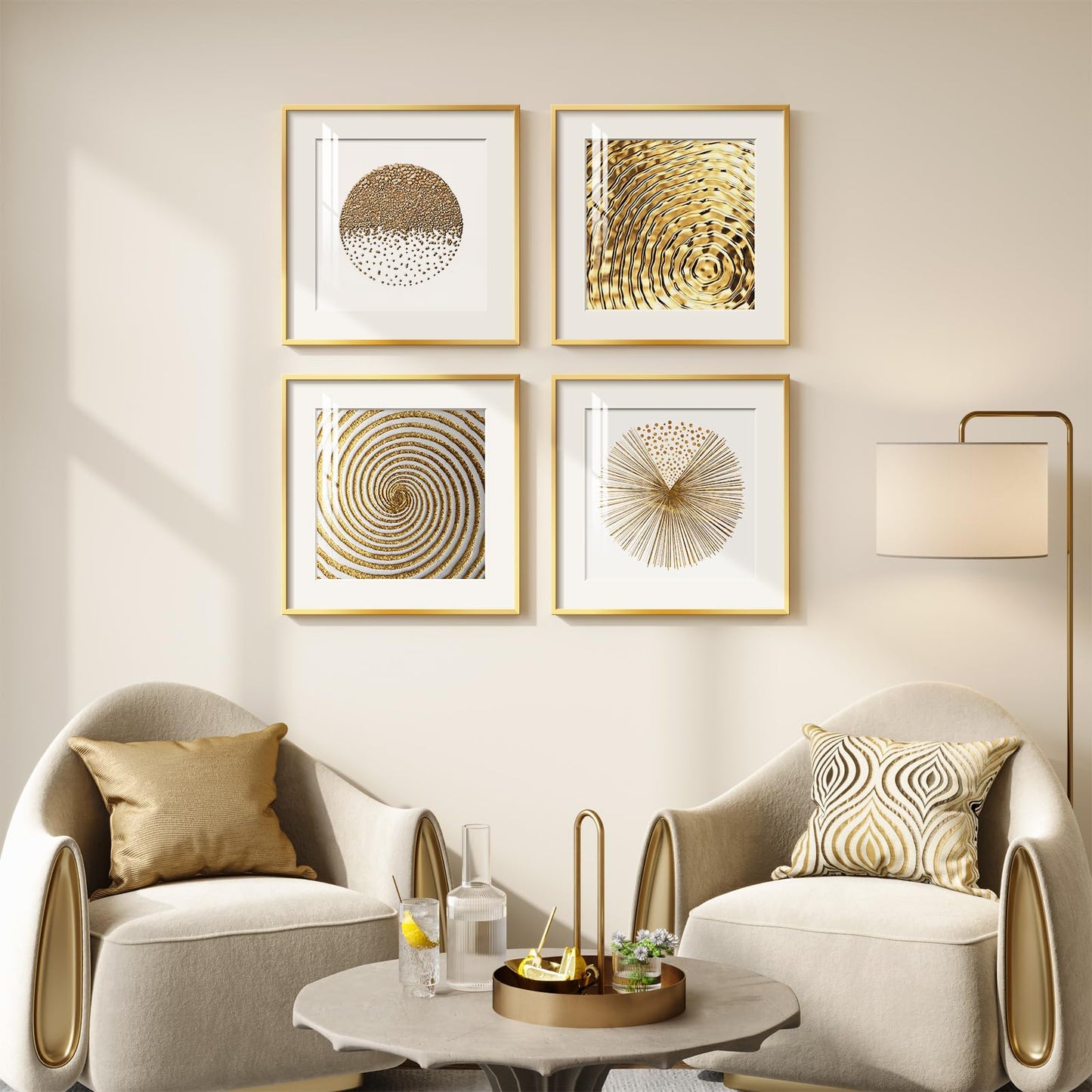 4 Pcs Framed Modern Gold and White Wall Art, Luxury Minimalist Canvas Pictures Prints, Geometric Painting Artwork Home Decoration for Hallway, Bathroom, Dining Room and Living Room