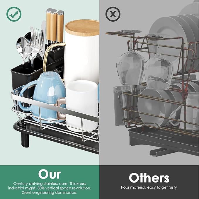 MOUKABAL Dish Drying Rack, Dish Rack, Stainless Steel Dish Racks for Kitchen Counter, Dish Drainer with Removable Utensil Holder, Drainboard (Black,Stainless Steel,13''W x 17''L)