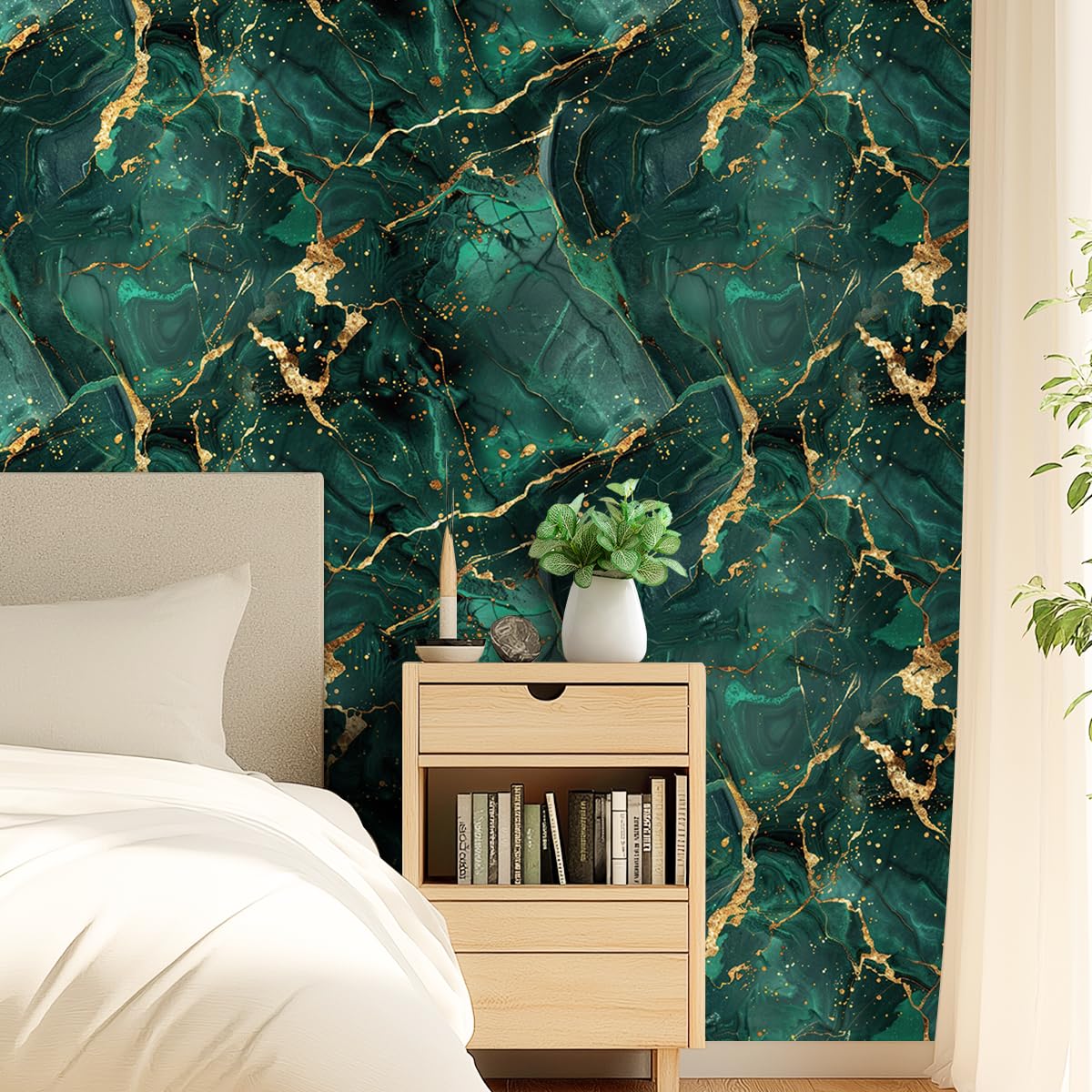 COKCOKR Emerald Gold Marble Art Wallpaper 17.71"x118.1"Vinyl Waterproof Removable Self Adhesive Contact Paper Aesthetic Wallpaper for Bathroom Countertops, Kitchen, Bedroom Background Walls