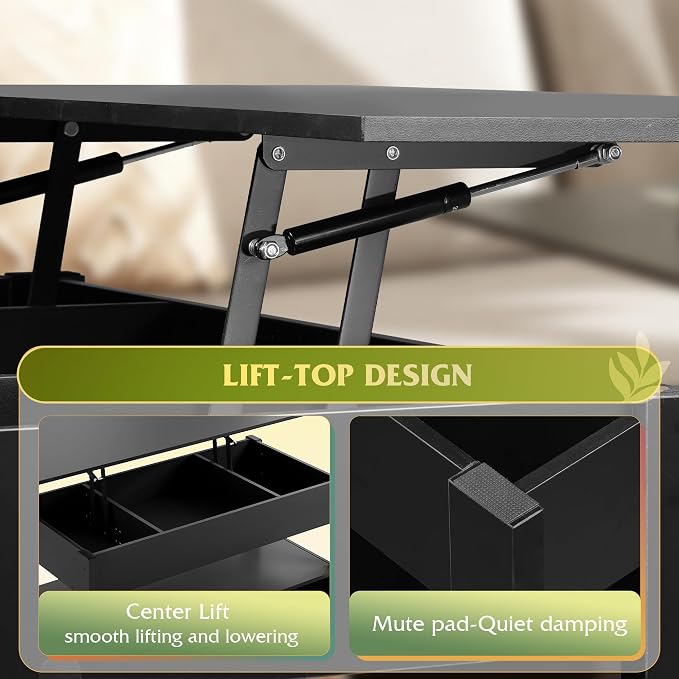WLIVE Coffee Table, Lift Top Coffee Table with 2 Drawers, Large Hidden Compartment and Open Storage Shelf, Lift Tabletop, Dining Table for Living Room, Black