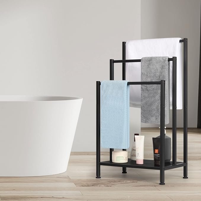 Freestanding Towel Rack for Bathroom, Black Standing Towel Rack Bath Towel Holder Stand Floor 3 Tier Blanket Rack Outdoor Towel Rack Standing Metal Blanket Ladders for The Living Room
