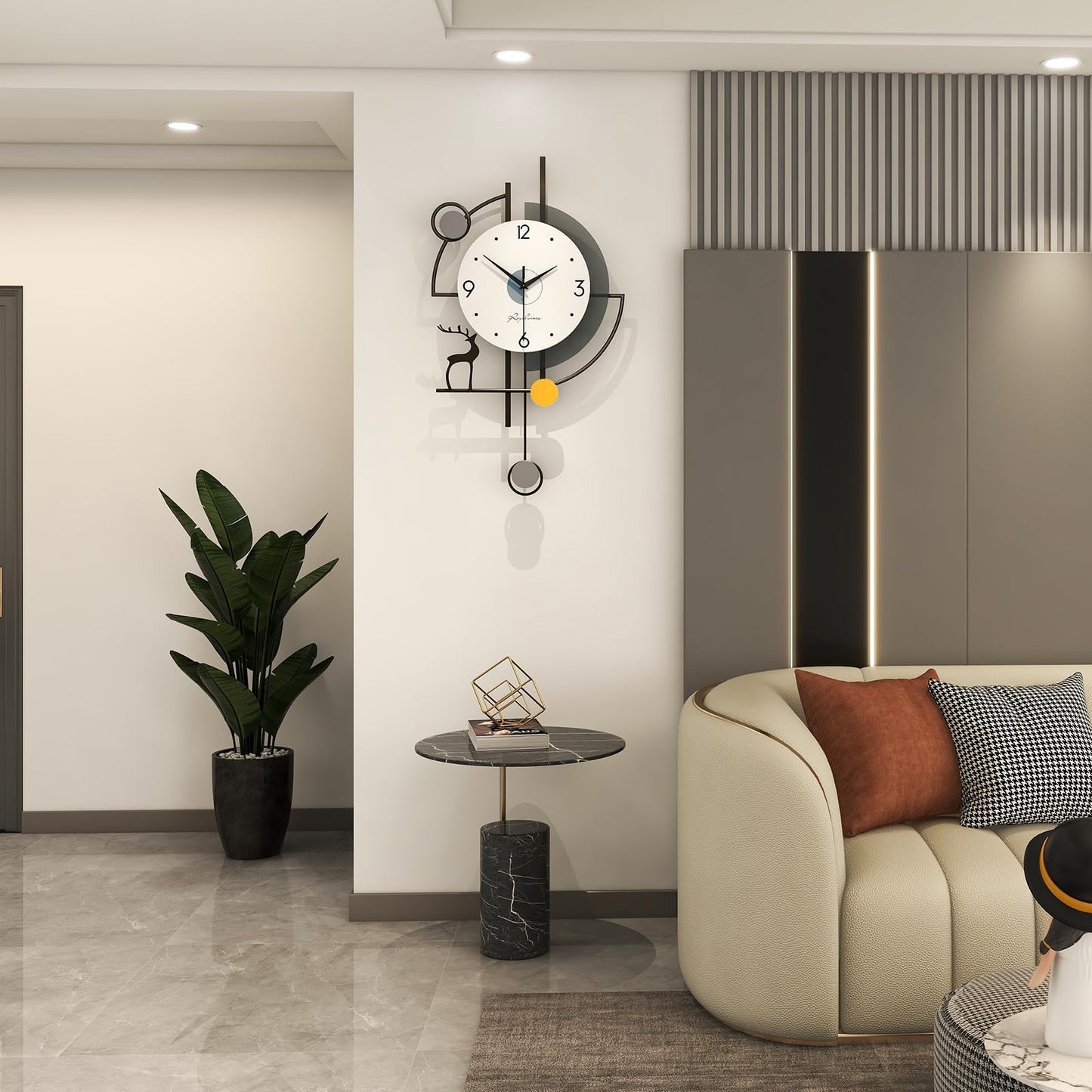 FLEBLE Large Wall Clocks for Living Room Decor Modern Pendulum Wall Clock Silent Quartz Battery Operated Non-Ticking for Bedroom Kitchen Office 24inch Black Metal Deer Clock Wall Decor for Home Indoor