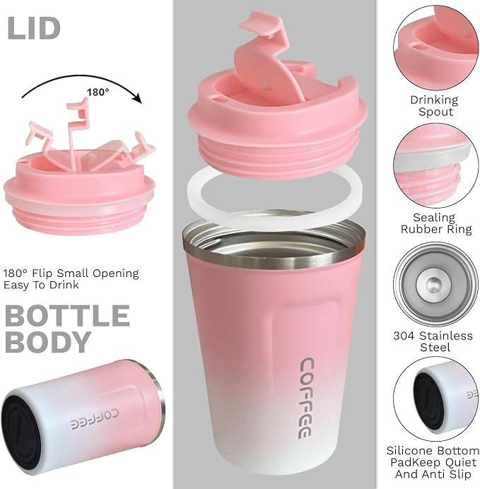 YINBAOGE Insulated Travel Coffee Mug, Spill & Leak Proof, Portable To Go Camping Stainless Steel Coffee Tumbler, Reusable Thermal Coffee Cup with Lid for Hot & Cold Drinks (2nd-Pink White, 12 OZ)
