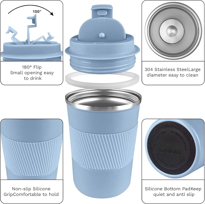 YINBAOGE Insulated Travel Coffee Mug, Spill & Leak Proof, Portable To Go Camping Stainless Steel Coffee Tumbler, Reusable Thermal Coffee Cup with Lid for Hot & Cold Drinks (Light blue, 17 OZ)
