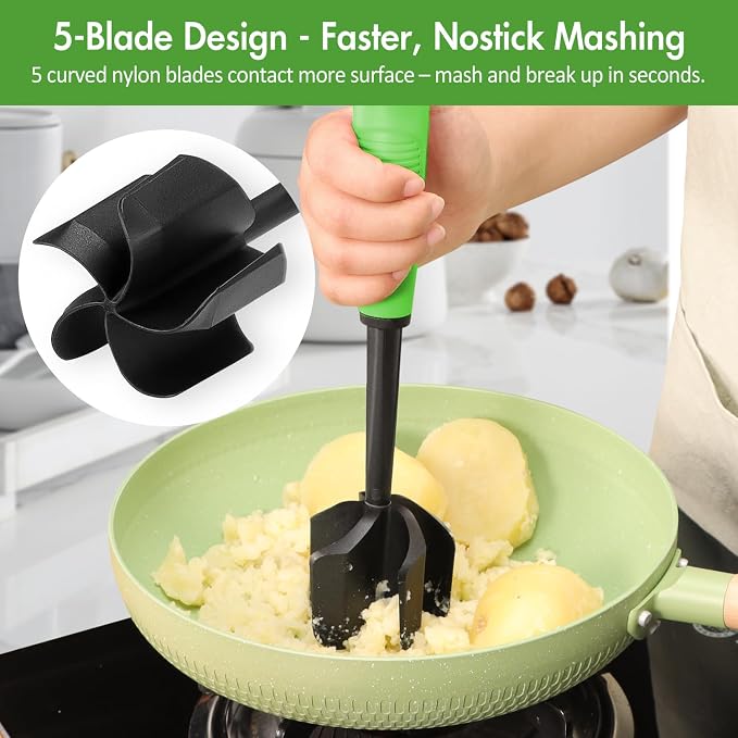 Ourokhome Meat Chopper and Potato Masher, Heat Resistant Nylon Ground Beef Smasher for Hamburger, 5 Curved Blades Nonstick Safe Mixer & Stirrer, Practical Kitchen Gadgets, Green