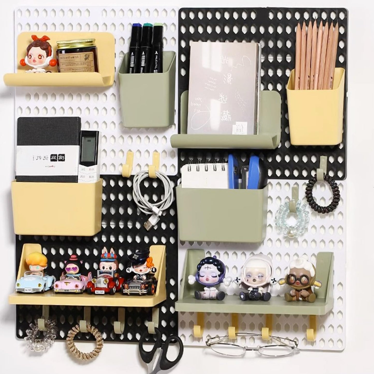 Halyuhn Pegboard Wall Organizer Combination Kit, Wall Organizer with 4 Pegboards and 20 Accessories Hanging, Wall Mounted Peg Board Display Panels for Home and Office - 19.5” x 9.5” (White and Black)