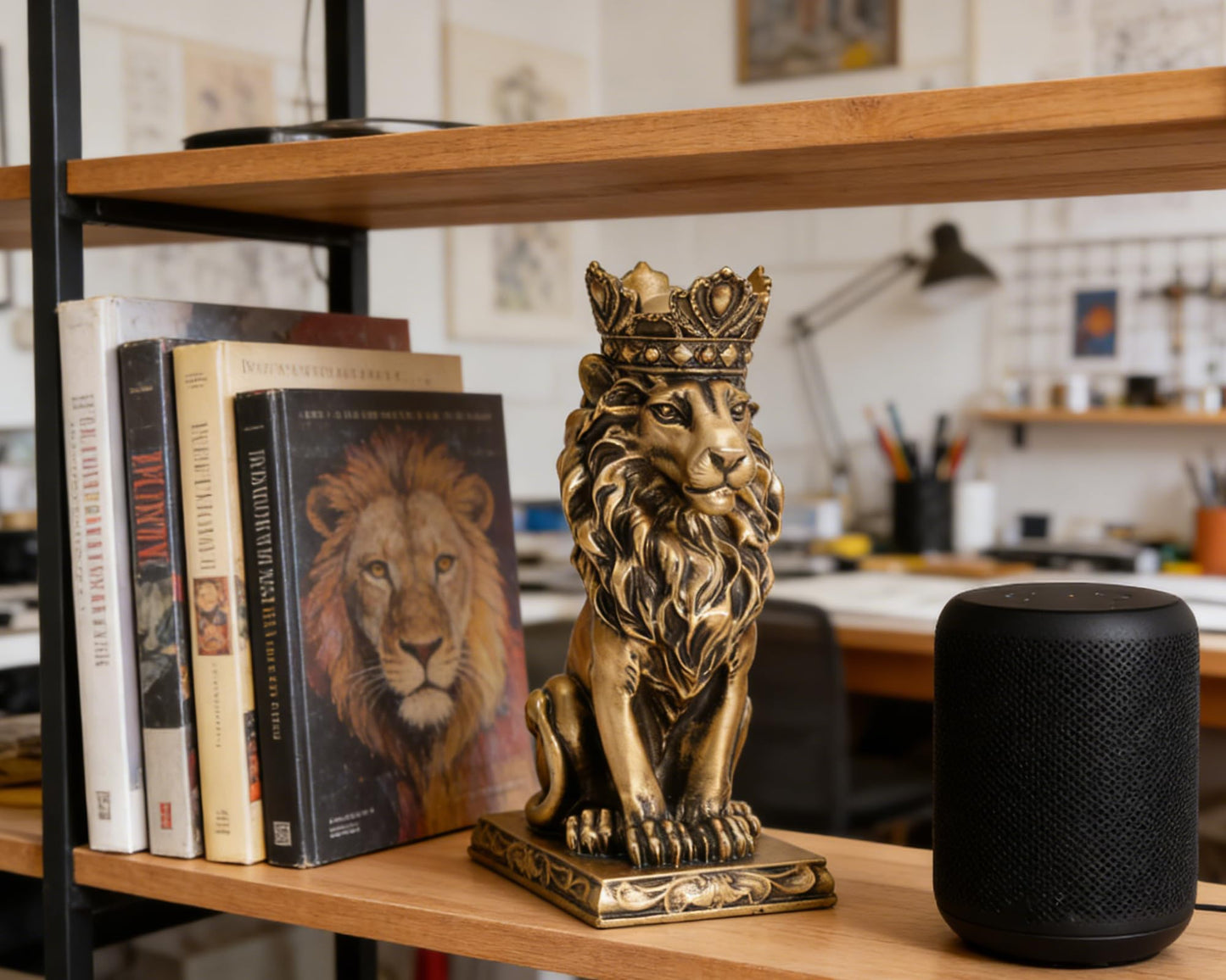 AMOIENSIS Retro Crown Lion Statue Home Decor Sculpture for Living Room, Office, 9 Inch Regal Figurine Strength Symbol Gift for Leos & Lion Enthusiasts