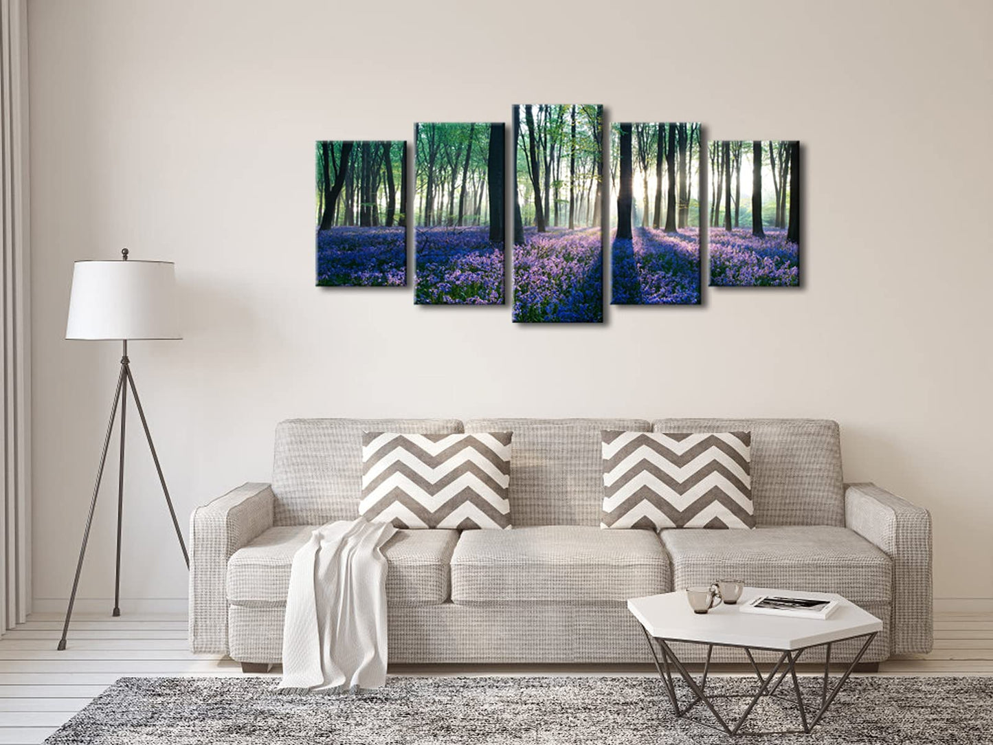 Pyradecor Early Morning Lavender Canvas Prints Wall Art Purple Floral Pictures Paintings for Bedroom Kitchen Bathroom Home Decor Modern 5 panels Stretched Flowers Landscape Artwork