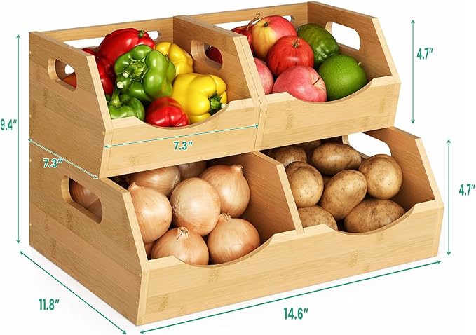 Potato and Onion Storage Bin, 2 Tier Bamboo Kitchen Storage Rack, Stackable Ventilated Pantry Organizer with Handles for Garlic Peppers Vegetables, Countertop Produce Bins, Natural Brown