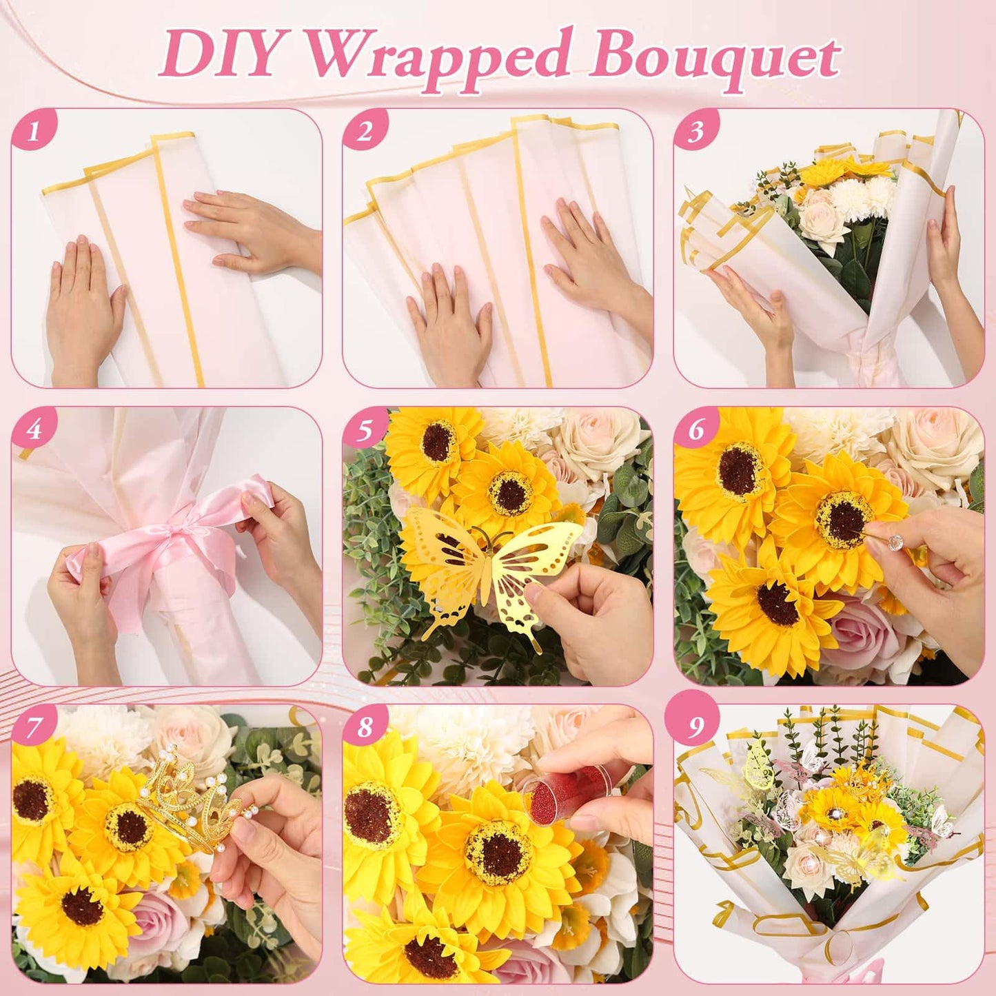 449Pcs Flower Bouquet Wrapping Accessories with Floral Wrapping Paper Gold Crowns Butterfly Decorations Gem Pins and Wooden Sticks, Ribbons for Money Bouquet Mother's Day Baby Shower Graduation