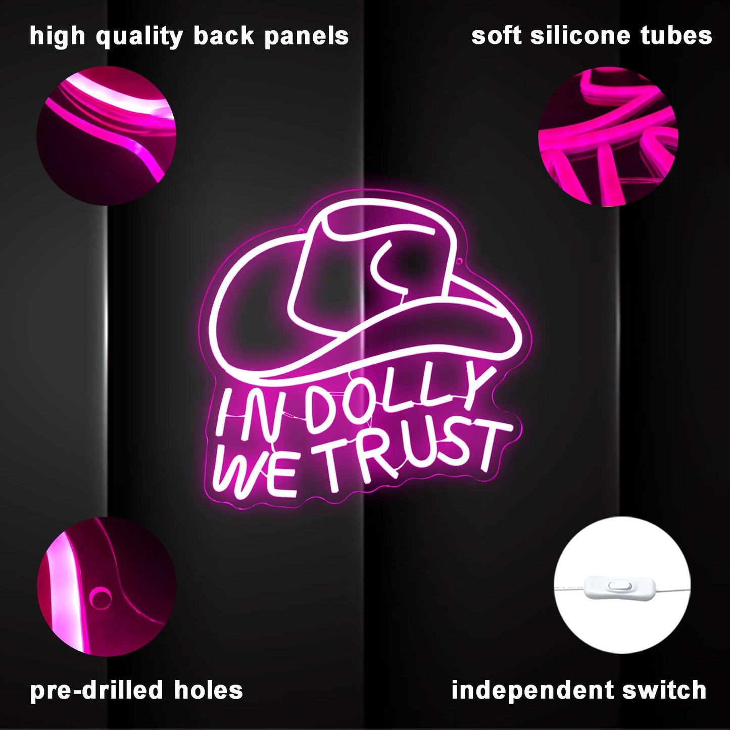 In Dolly We Trust Neon Sign, Pink Cowgirl Hat LED Signs, Country Retro Style Western Wall Art, USB Powered for Teen Bedroom Man Cave Party Aesthetic Christmas Birthday Gift(12.9 * 13.3in)
