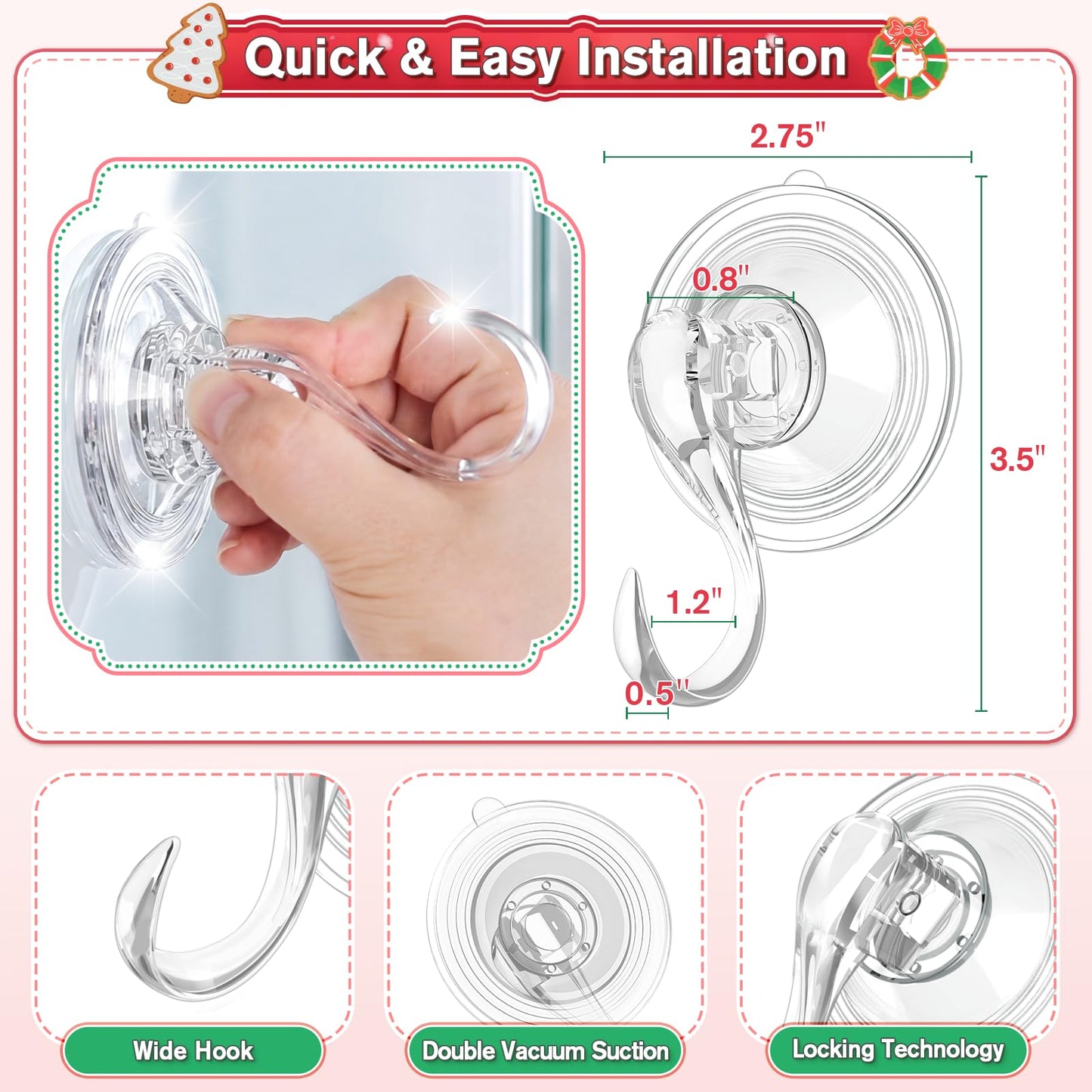 VIS'V Wreath Hanger, Large Suction Cup Wreath Hooks with Wipes, Heavy Duty, 22 LB Capacity, Removable and Reusable, Clear, 2 Pcs