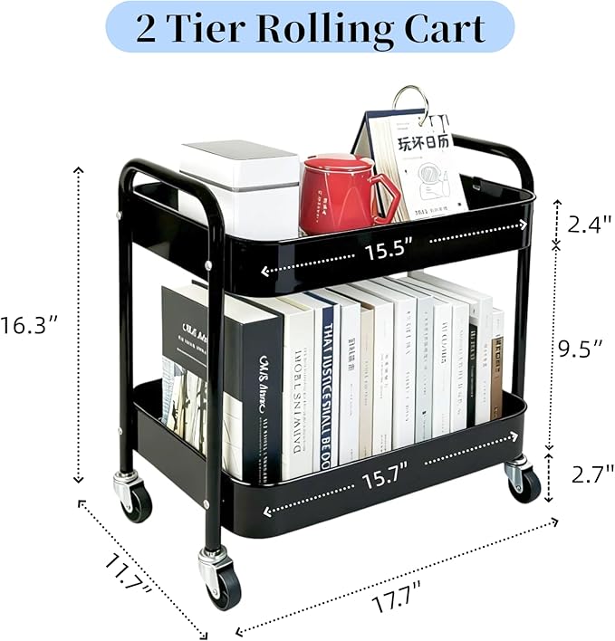 2 Tier Short Rolling Cart with Wheels for Under Desk Storage & Panrty Floor Organizer, Large Capacity Metal Kitchen Utility Cart, Sturdy Makeup Organizer for Small Space with 4 Hooks, Black