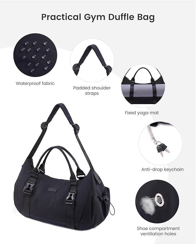 LOVEVOOK Gym Bag for Women & Men, duffle bag for travel with shoe compartment, Small Gym Tote Dry Wet Separation, Multipurpose Weekender Overnight Backpack, Lightweight Carry On Bag, Black