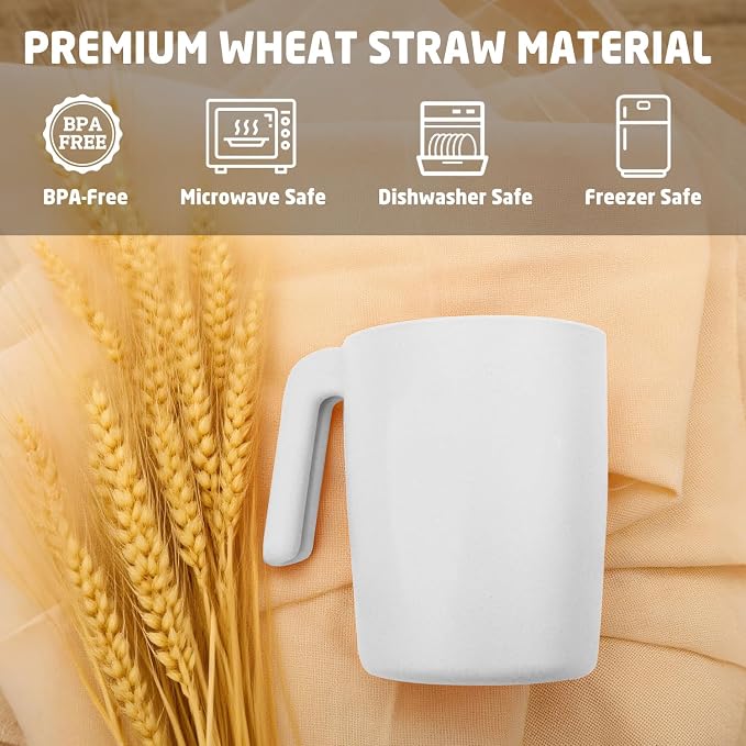 Wheat Straw Cups 16 OZ, Unbreakable Coffee Mugs Set of 6, Alternatives to Plastic Drinking Cups Reusable, Dishwasher Safe Coffee Cups for Kitchen, Camping, Farmhouse - White