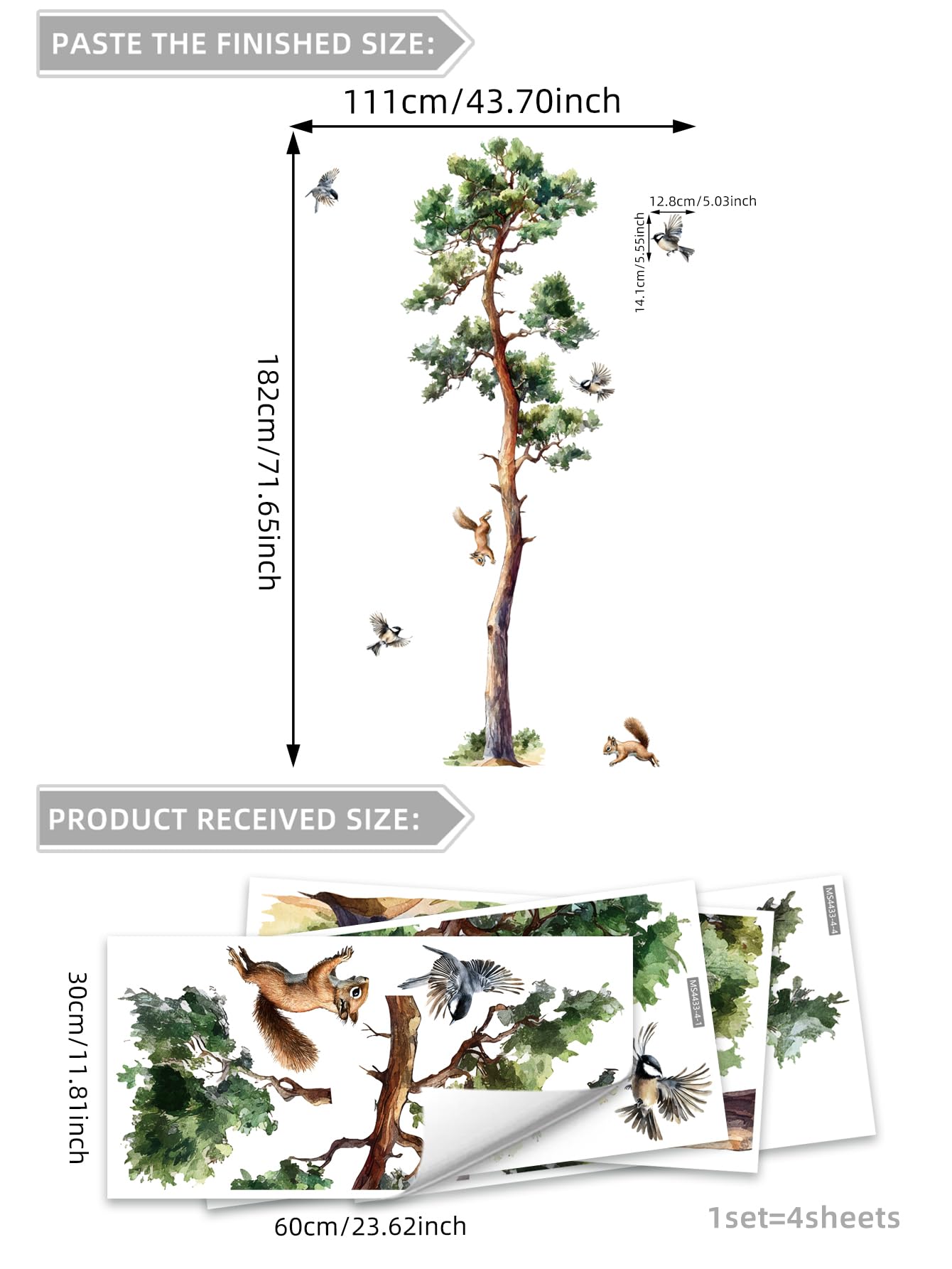 Pine Tree Wall Decals Large Green Tree Birds Wall Stickers Peel and Stick Wall Art Decals for Living Room Bedroom TV Background