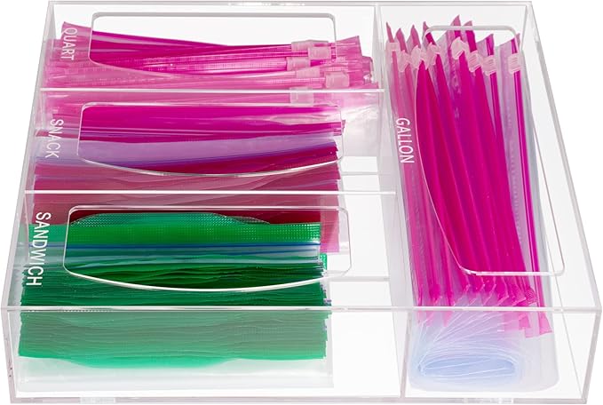 Acrylic Bag Storage Organizer for Kitchen Drawer, Food Storage Bag Organizer Holder Compatible with Ziplock, Glad, Hefty, Gallon, Quart, Sandwich & Snack Variety Size Bag (Clear)