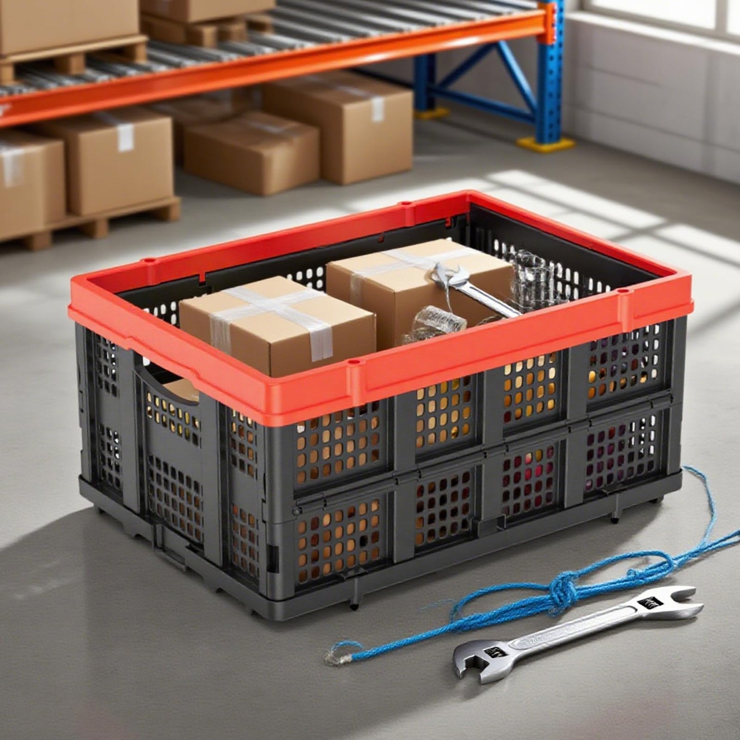 TOLRET 49L Collapsible Crate, Milk Crate for Storage, Foldable Storage Crate, Stackable Crate for Organizing for Home, Shopping, Camping, School, Office, Warehouse, Red