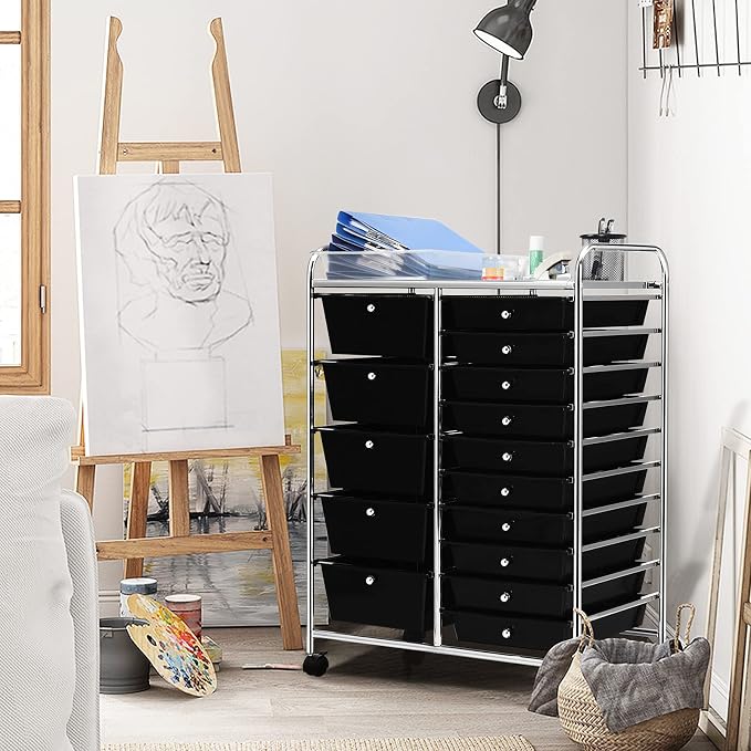 GOFLAME 15-Drawer Rolling Storage Cart, Craft Storage Cart with Removable Drawers & Lockable Wheels, Art Cart Supply Storage Organizer for Home Office Classroom, Black