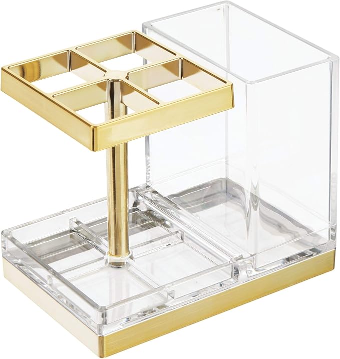 mDesign Plastic Toothbrush and Toothpaste Storage Organizer Holder - Home Decor for Bathroom Countertop - Holds Toiletries and Beauty Accessories - Lumiere Collection - Clear/Soft Brass