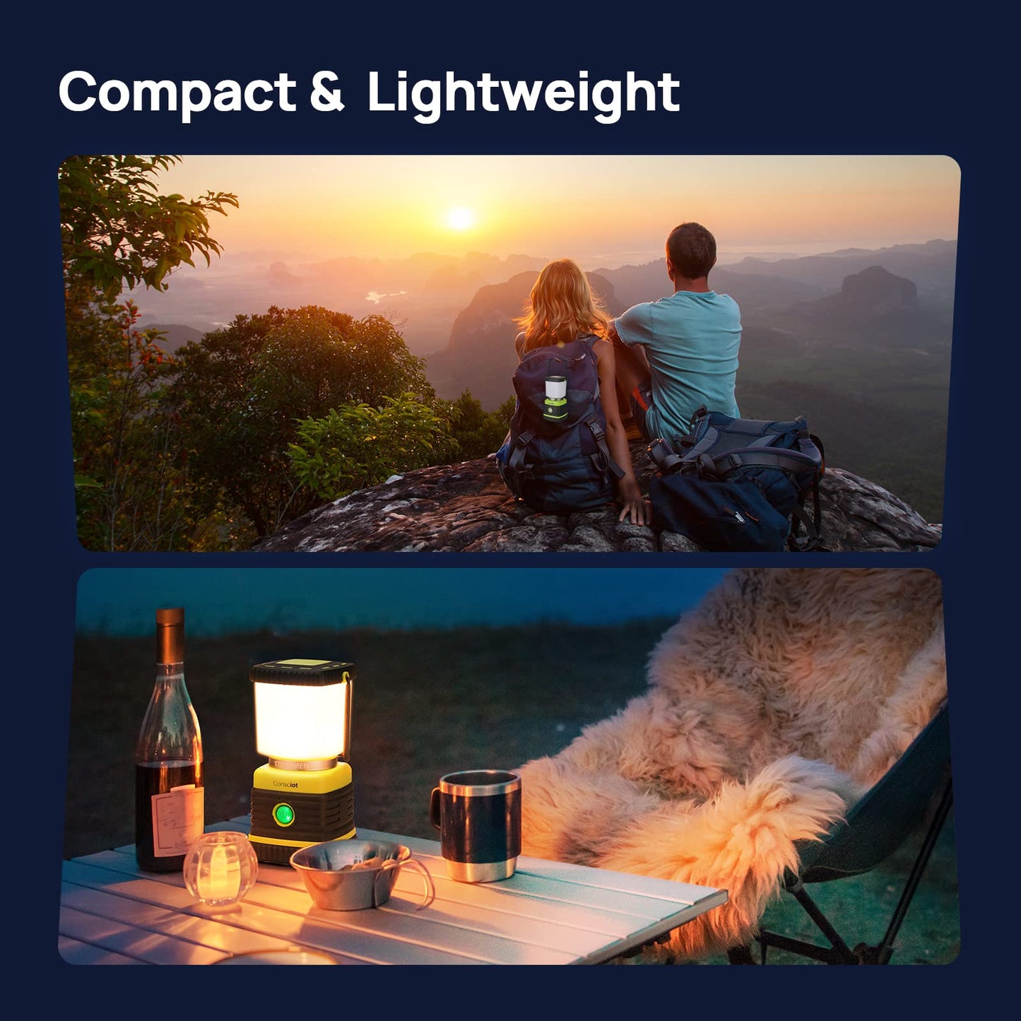Consciot LED Battery Powered Camping Lantern, 1000LM, 4 Light Modes, IPX4 Waterproof Portable Tent Flashlight for Power Outages, Emergency, Hurricane, Hiking, Light Green, 2-Pack