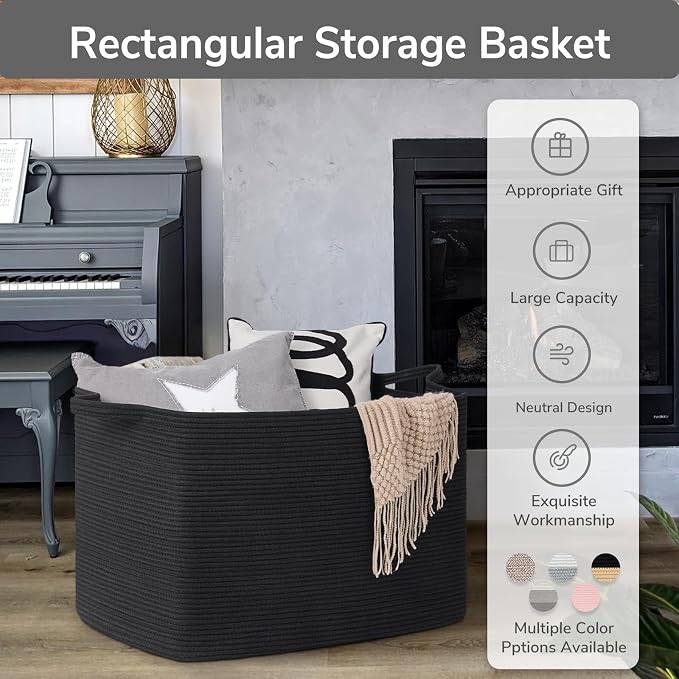 Goodpick Large Woven Storage Basket, 105L Extra Large Blanket Basket for Living Room, Bedroom, Rectangle Cotton Rope Organizer for Toy Storage, 25”x16”x16”, Black
