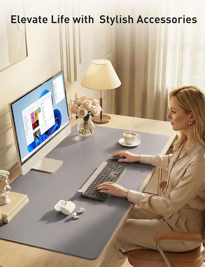 Aothia Faux Leather Desk Mat - Non-Slip PU Leather Desk Blotter, Waterproof Writing Surface, Large Desk Pad for Office & Home (Light Grey, 55" x 24")