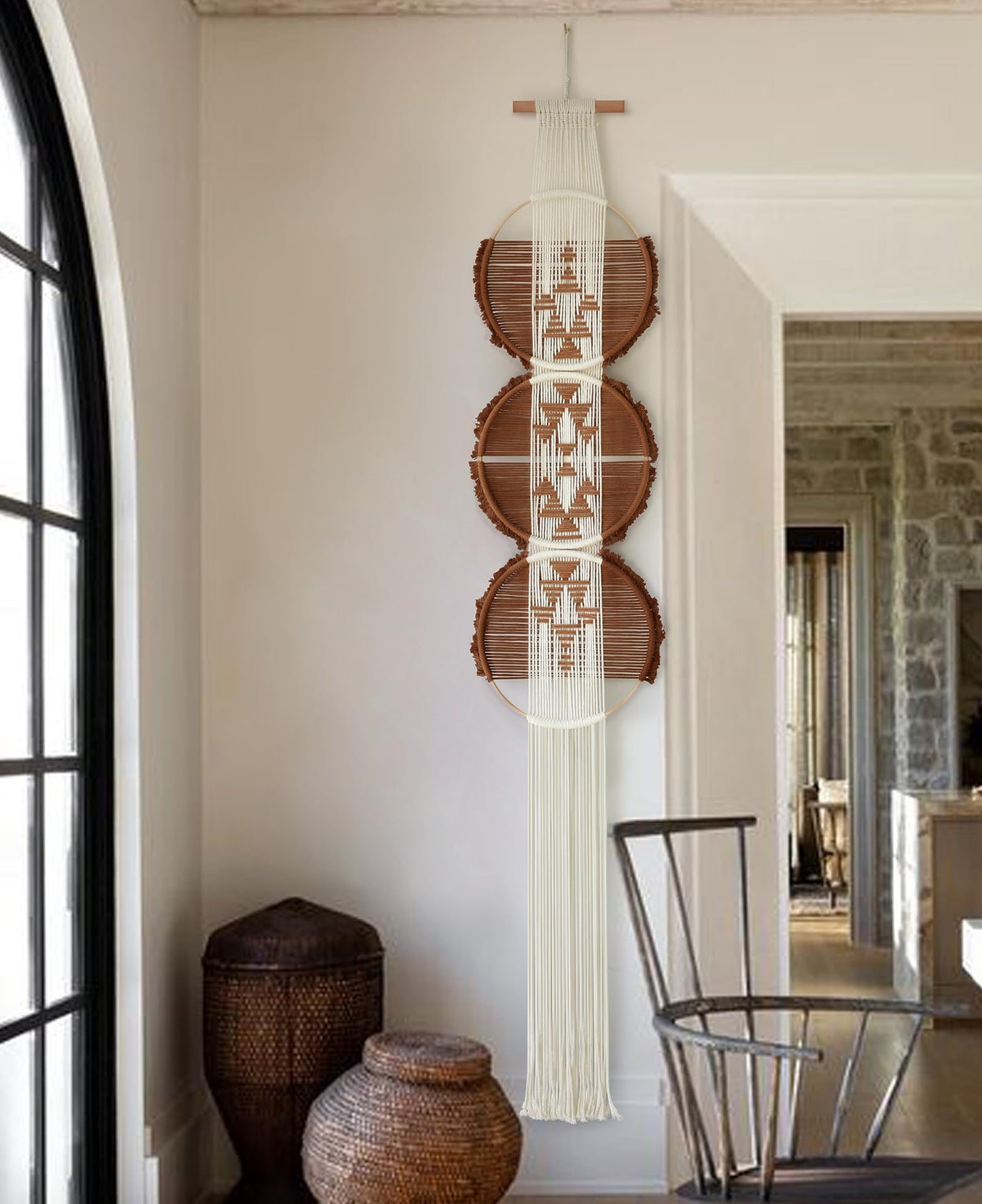 Flber Macrame Wall Hanging Brown and white Boho Wall Decor Art Living room wall art Round Handmade Geometric Lines Home Décor 11.8W x 65L