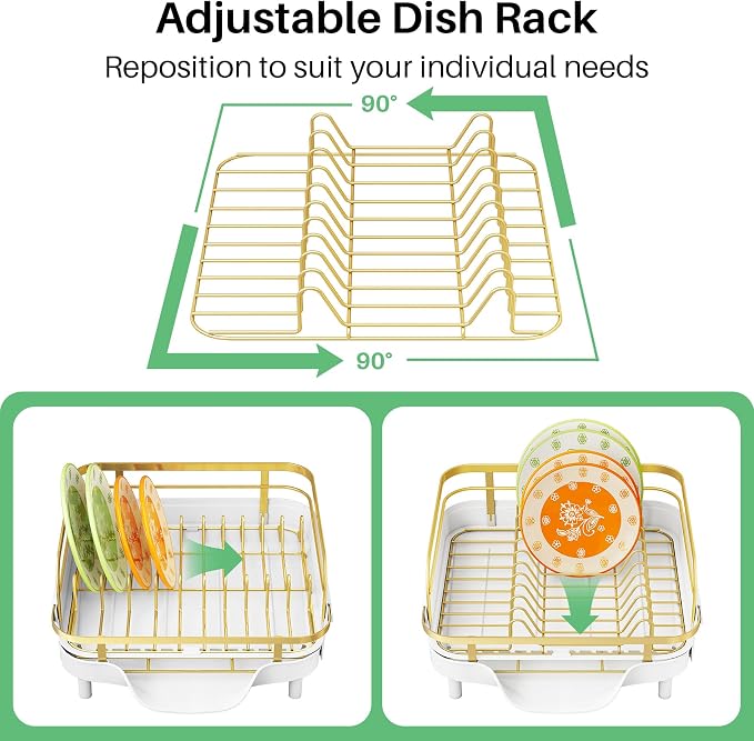 SAYZH Dish Drying Rack - Expandable Dish Rack for Kitchen Counter, Rust-Resistant Dish Drainer with Utensil Holder and Raised Guardrail, Kitchen Organizer for Cup and Bottle (Gold)