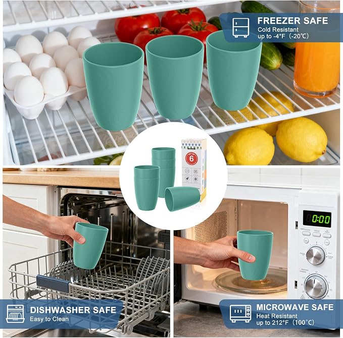 Wheat Straw Plastic Cups Set 6 PCS, 12 OZ Unbreakable Reusable Plastic Cups, Dishwasher Safe Kids Drinking Cups for Indoor and Outdoor Use, Green