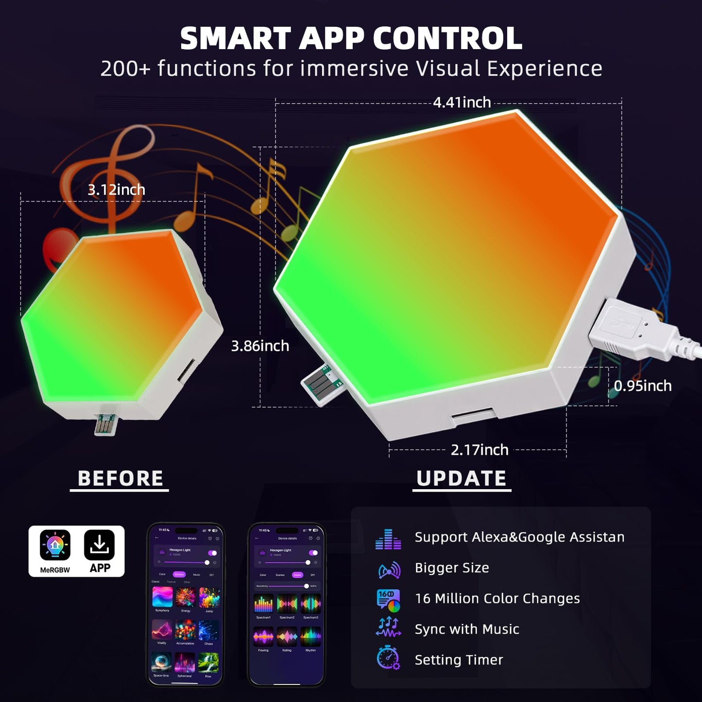 TISOFU Big Hexagon Lights LED Wall Panels, 8 Pack RGB Gaming Lights Works with Google Assistant & Alexa, APP/Music Sync & Remote, DIY Smart Modular Hexagonal Honeycomb Glide Hex Tiles Panel