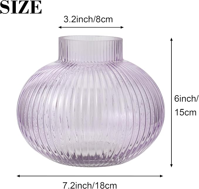 Purple Glass Vase, Flower Vases for Bouquet, Ribbed Glass Vases for Flowers, Small Purple Vase for Living Room, Office, Coffee Table, Shelf, Wedding, 6 Inches