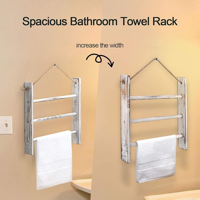 Rustic Wood Ladder Hand Towel Rack for Bathroom, Farmhouse Blanket Ladder for Living Room Hanging Decorative Rack for Blankets Whitewashed Towel Rack with Rope (Whitewashed)