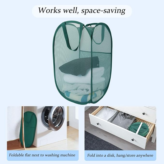 Upgraded 100L Extra Large Mesh Pop Up Laundry Basket With Handles, Light Breathable, Fold Compact, Large Hold Portable Foldable Dirty Clothes Basket For Bedroom, Laundry Room, Dorm, Hotel, Green.V